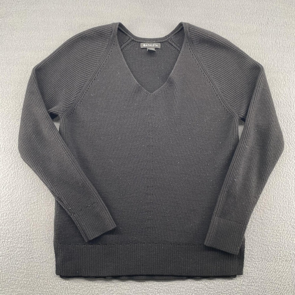 Athleta Sweater Womens Petite Small Gray Ribbed Knit V Neck Raglan Pullover